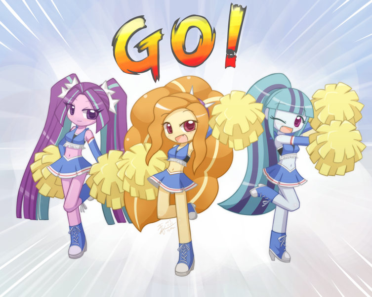 Size: 1506x1200 | Tagged: safe, artist:howxu, derpibooru import, adagio dazzle, aria blaze, sonata dusk, equestria girls, adoragio, adorasexy, ariabetes, armpits, belly button, blushing, boots, cheerleader, clothes, converse, cute, cute little fangs, fangs, female, high heel boots, high heels, howxu is trying to murder us, long hair, looking at you, midriff, miniskirt, moe, one eye closed, open mouth, ouendan, pigtails, pleated skirt, pom pom, ponytail, raised leg, sexy, shoes, skirt, smiling, sonatabetes, stupid sexy adagio dazzle, stupid sexy aria blaze, stupid sexy sonata dusk, the dazzlings, twintails, weapons-grade cute, wink