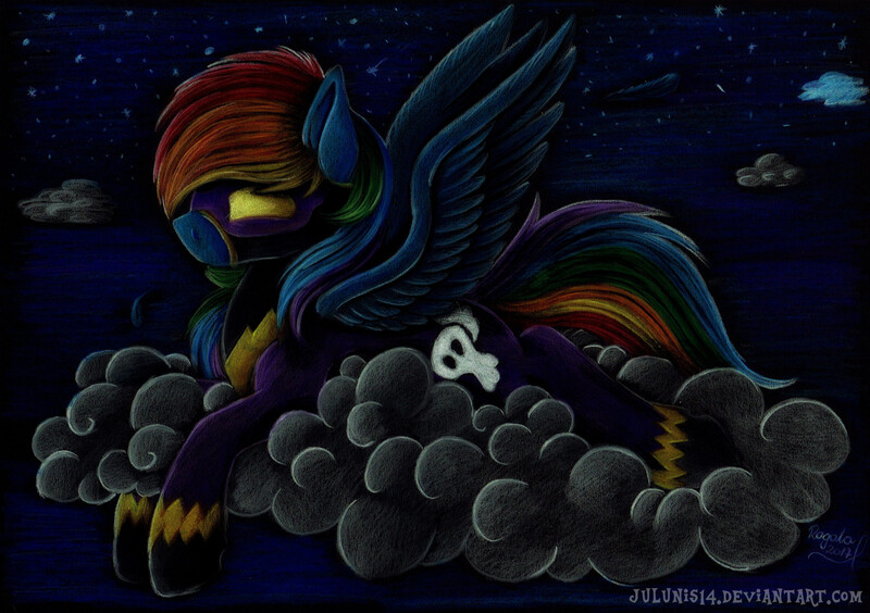 Size: 3484x2456 | Tagged: safe, artist:julunis14, derpibooru import, rainbow dash, pegasus, pony, clothes, cloud, costume, female, mare, night, shadowbolt dash, shadowbolts costume, solo