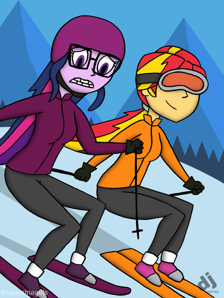 Size: 1200x1600 | Tagged: safe, artist:djgames, derpibooru import, sci-twi, sunset shimmer, twilight sparkle, equestria girls, clothes, glasses, goggles, helmet, pants, scared, skiing, snow