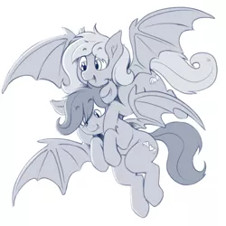 Size: 2000x2000 | Tagged: safe, artist:dimfann, derpibooru import, oc, oc:angel tears, oc:speck, unofficial characters only, bat pony, bat pony oc, cute, duo, female, flying, looking down, mare, monochrome, mother and daughter, simple background, smiling, spread wings, white background, wings