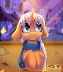 Size: 934x1065 | Tagged: dead source, safe, artist:freckleplant, derpibooru import, oc, unofficial characters only, pony, unicorn, blue eyes, braid, clothes, commission, cute, ear fluff, floppy ears, open mouth, orange coat, scarf, solo, starry eyes, white mane, wingding eyes, ych result