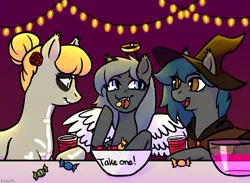 Size: 3951x2893 | Tagged: safe, artist:felie-yeo, derpibooru import, oc, oc:angel tears, oc:luca, oc:speck, unofficial characters only, bat pony, angel, bat pony oc, bone, candy, clothes, costume, female, food, halloween, halo, holiday, mother and daughter, party, skeleton, skeleton costume, witch