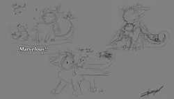 Size: 1100x630 | Tagged: safe, artist:xeirla, derpibooru import, oc, oc:gyro feather, oc:gyro tech, unofficial characters only, dragon, gryphon, griffonized, monochrome, sketch, species swap