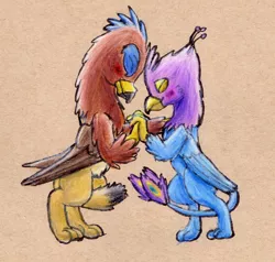 Size: 1554x1481 | Tagged: safe, artist:gyrotech, artist:theandymac, deleted from derpibooru, derpibooru import, oc, oc:gyro feather, oc:gyro tech, oc:saewin, unofficial characters only, gryphon, colored pencil drawing, griffonized, gywin, shipping, species swap, traditional art