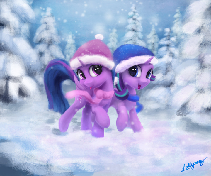 Size: 900x750 | Tagged: safe, artist:lollipony, derpibooru import, starlight glimmer, twilight sparkle, twilight sparkle (alicorn), alicorn, pony, unicorn, beanie, clothes, cute, digital art, duo, duo female, female, fir tree, hat, looking at you, mare, open mouth, raised hoof, scarf, scenery, signature, smiling, snow, snowfall, stocking cap, tongue out, tree, trotting, twiabetes, winter