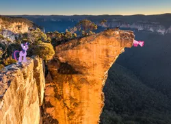 Size: 978x709 | Tagged: alicorn, artist:didgereethebrony, australia, blue mountains, cliff, cliff face, derpibooru import, in which pinkie pie forgets how to gravity, irl, photo, pinkie being pinkie, pinkie physics, pinkie pie, ponies in real life, safe, twilight sparkle, twilight sparkle (alicorn), valley