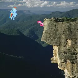 Size: 793x794 | Tagged: artist:didgereethebrony, australia, blue mountains, derpibooru import, in which pinkie pie forgets how to gravity, irl, kanangra boyd national park, photo, pinkie being pinkie, pinkie physics, pinkie pie, ponies in real life, rainbow dash, safe