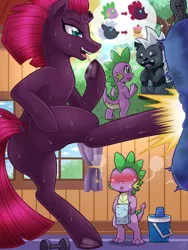 Size: 1000x1333 | Tagged: suggestive, artist:vavacung, derpibooru import, grubber, spike, tempest shadow, dragon, pony, unicorn, comic:my life as a short dragon, my little pony: the movie, comic, dock, female, frog (hoof), kicking, male, mare, open mouth, pictogram, plot, punching bag, spikeshadow, sweat, tempass, underhoof