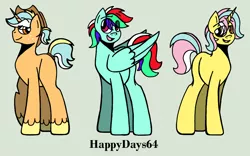 Size: 1134x707 | Tagged: artist:happydays64, derpibooru import, magical lesbian spawn, oc, oc:country jam, oc:sound burst, oc:spider strings, offspring, parent:applejack, parent:fluttershy, parent:lyra heartstrings, parent:rainbow dash, parents:lyradash, parents:lyrajack, parents:lyrashy, safe, unofficial characters only