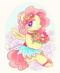 Size: 678x832 | Tagged: safe, artist:osawari64, derpibooru import, fluttershy, pegasus, pony, alternate hairstyle, bouquet, clothes, cute, dress, female, flower, flower in hair, looking at you, mare, profile, shyabetes, sitting, skirt, smiling, solo, spread wings, wings