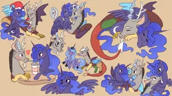 Size: 1500x837 | Tagged: safe, artist:kiyoon, derpibooru import, discord, princess luna, alicorn, draconequus, pony, antlers, blushing, christmas, clothes, cuddling, duo, eye contact, eyes closed, female, floppy ears, glowing horn, hat, heart, holiday, iphone, looking at each other, looking at you, lunacord, magic, male, mare, mobile phone, open mouth, phone, red nose, s1 luna, santa hat, scarf, selfie, sharing a drink, shipping, sleeping, smiling, spread wings, straight, telekinesis, wings