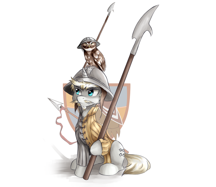 Size: 2894x2505 | Tagged: safe, artist:apogeeseeker, derpibooru import, oc, unofficial characters only, owl, pony, unicorn, facial hair, glaive-guisarme, halberd, helmet, high res, moustache, simple background, sitting, solo, weapon, white background