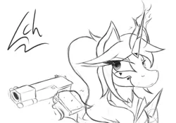 Size: 400x279 | Tagged: safe, artist:lacunah, derpibooru import, oc, oc:midnight solace, unofficial characters only, pony, gun, magic, simple background, sketch, solo, weapon, white background