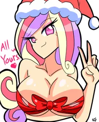 Size: 888x1087 | Tagged: absolute cleavage, artist:ajdudebro, big breasts, breasts, bust, busty princess cadance, christmas, cleavage, clothes, costume, derpibooru import, dialogue, female, hat, holiday, human, humanized, milf, peace sign, princess cadance, santa costume, santa hat, sexy, sexy santa costume, simple background, smiling, solo, solo female, stupid sexy princess cadance, suggestive, white background