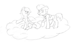 Size: 7404x4193 | Tagged: safe, artist:pzkratzer, derpibooru import, derpy hooves, doctor whooves, time turner, earth pony, pegasus, pony, absurd resolution, clothes, cloud, doctorderpy, fear, female, lineart, male, mare, monochrome, on a cloud, scarf, shipping, smiling, stallion, straight