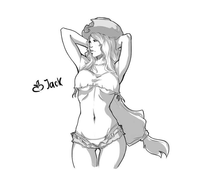 Size: 1024x900 | Tagged: applejack, arm behind head, armpits, artist:bobrambo, belly button, breasts, clothes, daisy dukes, derpibooru import, female, human, humanized, midriff, monochrome, panties, shorts, simple background, solo, solo female, suggestive, underboob, underwear, white background