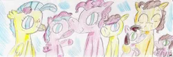 Size: 1271x422 | Tagged: safe, artist:ptitemouette, derpibooru import, cheese sandwich, pinkie pie, princess skystar, oc, oc:cheese cake, oc:cheese party, oc:coquillage, oc:surprise, classical hippogriff, hippogriff, my little pony: the movie, bisexual, cheesepie, family, female, male, next generation, offspring, parent:cheese sandwich, parent:pinkie pie, parent:princess skystar, parents:cheesepie, parents:skypie, polyamory, shipping, skypie