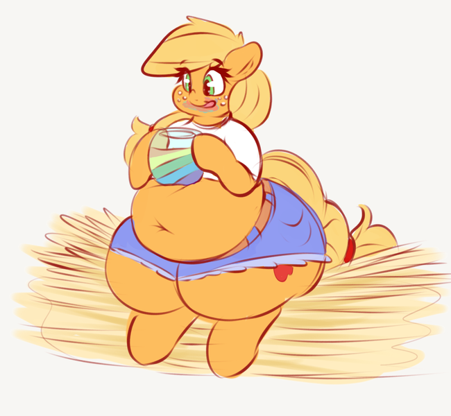 Size: 1117x1031 | Tagged: safe, artist:graphenescloset, derpibooru import, applejack, earth pony, pony, adorafatty, apple, applebucking thighs, applefat, belly, belly button, chubby, clothes, daisy dukes, eating, fat, female, food, freckles, hay, hay bale, jam, licking, licking lips, mare, midriff, shirt, shorts, smiling, thunder thighs, tongue out, weight gain, zap apple, zap apple jam