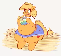 Size: 1117x1031 | Tagged: safe, artist:graphenescloset, derpibooru import, applejack, earth pony, pony, adorafatty, apple, applebucking thighs, applefat, belly, belly button, chubby, clothes, daisy dukes, eating, fat, female, food, freckles, hay, hay bale, jam, licking, licking lips, mare, midriff, shirt, shorts, smiling, thunder thighs, tongue out, weight gain, zap apple, zap apple jam