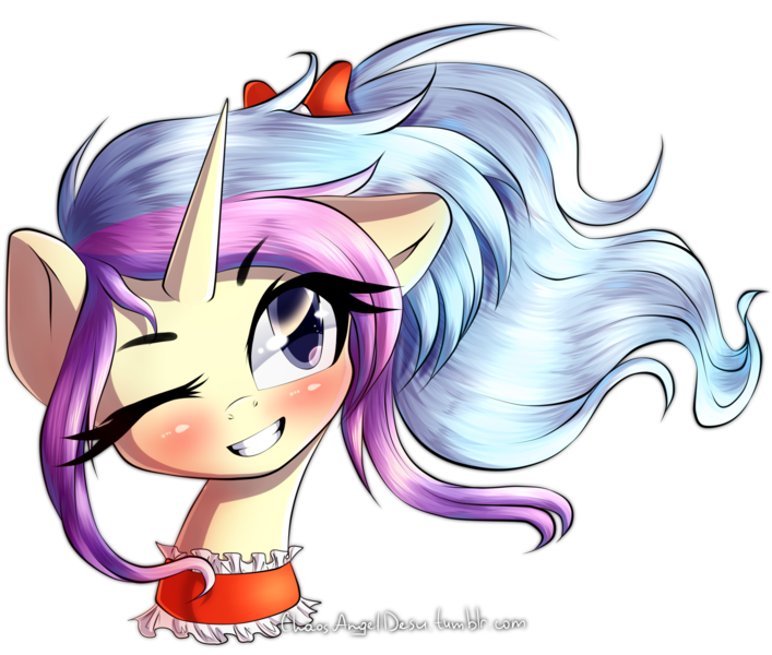 Size: 2000x1698 | Tagged: safe, artist:chaosangeldesu, derpibooru import, oc, oc:sweetie breeze, unofficial characters only, pony, unicorn, bow, bust, choker, grin, hair bow, horn, one eye closed, simple background, smiling, transparent background, unicorn oc, wink, ych result