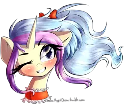 Size: 2000x1698 | Tagged: safe, artist:chaosangeldesu, derpibooru import, oc, oc:sweetie breeze, unofficial characters only, pony, unicorn, bow, bust, choker, grin, hair bow, horn, one eye closed, simple background, smiling, transparent background, unicorn oc, wink, ych result