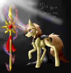 Size: 705x720 | Tagged: safe, artist:florarena-kitasatina/dragonborne fox, derpibooru import, oc, bird, crystal pony, unicorn, changing magic color, cloak, clothes, crossover, curved horn, dialogue, epic battle fantasy, glowing eyes, glowing eyes of doom, lazarus (epic battle fantasy), male, raised hoof, red eyes take warning, ruby, side glance, simple background, solo, spear, stylized sun, this will not end well, watermark, weapon, what a lovely pony to meet in the middle of the night