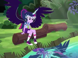 Size: 966x720 | Tagged: safe, artist:wesleyabram, derpibooru import, sci-twi, twilight sparkle, equestria girls, legend of everfree, camp everfree outfits, clothes, converse, midnight sparkle, scene interpretation, shoes, socks, the midnight in me, wings