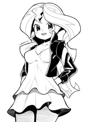 Size: 800x1133 | Tagged: safe, artist:gigiedt, derpibooru import, sunset shimmer, equestria girls, black and white, blushing, breasts, cleavage, clothes, cute, dress, female, grayscale, long hair, looking at you, monochrome, open mouth, shimmerbetes, simple background, solo