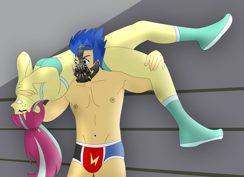 Size: 1600x1163 | Tagged: questionable, artist:supermaxx92, derpibooru import, edit, flash sentry, sour sweet, equestria girls, bane, baneposting, crotch bulge, nipples, nudity, speedo, sports, wrestling