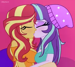 Size: 1554x1385 | Tagged: safe, artist:cbear624, derpibooru import, starlight glimmer, sunset shimmer, equestria girls, mirror magic, spoiler:eqg specials, beanie, blushing, breasts, busty sunset shimmer, clothes, eyes closed, female, hat, kissing, lesbian, shimmerglimmer, shipping, shirt