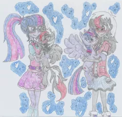 Size: 1816x1742 | Tagged: safe, artist:nephilim rider, derpibooru import, sci-twi, twilight sparkle, twilight sparkle (alicorn), oc, oc:heaven lost, pony, equestria girls, canon x oc, hug, human ponidox, self ponidox, traditional art, twolight