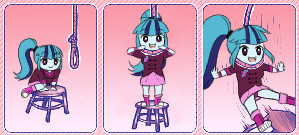 Size: 585x265 | Tagged: grimdark, artist:nairdags, derpibooru import, sonata dusk, equestria girls, /dzg/, /mlp/, adorawat, chibi, comic, cute, dark comedy, death, grimcute, grimderp, hanging, hanging (by neck), noose, stool, suicide, wat