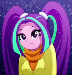 Size: 842x874 | Tagged: safe, artist:rosemile mulberry, derpibooru import, aria blaze, equestria girls, rainbow rocks, :s, ariabetes, bust, clothes, coat, cute, female, night, scarf, smiling, snow, snowfall, solo, wavy mouth