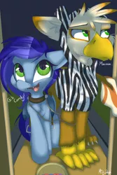 Size: 4724x7086 | Tagged: source needed, safe, artist:mistydash, derpibooru import, oc, oc:blue bat, oc:ember burd, unofficial characters only, bat pony, gryphon, absurd resolution, clothes, collar, commission, costume, doorway, eared griffon, griffon oc, halloween, holiday, hoodie, leash, saddle, tack, trick or treat