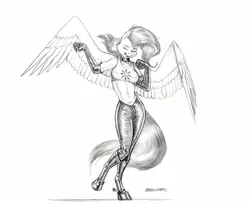 Size: 1400x1141 | Tagged: anthro, artist:baron engel, belly button, breasts, chaos undivided, clothes, derpibooru import, eyes closed, female, fluttershy, gloves, grayscale, mare, midriff, monochrome, open mouth, pegasus, pencil drawing, simple background, sketch, smiling, solo, solo female, suggestive, tanktop, traditional art, unguligrade anthro, white background