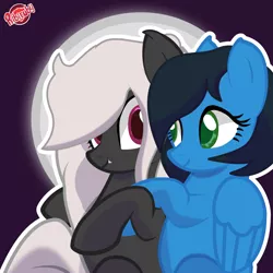 Size: 2000x2000 | Tagged: source needed, safe, artist:ribiruby, derpibooru import, oc, oc:midnight ruby, oc:sapphire nebula, unofficial characters only, bat pony, pegasus, pony, bat pony oc, colored pupils, cuddling, cute, cute little fangs, fangs, feels, female, full moon, green eyes, long mane, looking at each other, mare, memorial, moon, ocbetes, purple background, rest in peace, simple background, smiling, wings