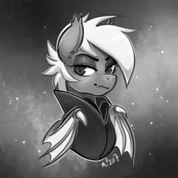 Size: 700x700 | Tagged: safe, artist:stardrawsponies, derpibooru import, oc, oc:snow drift, unofficial characters only, bat pony, bat pony oc, bust, clothes, fangs, female, grayscale, looking at you, mare, monochrome, solo