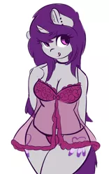 Size: 2778x4451 | Tagged: suggestive, artist:wickedsilly, derpibooru import, oc, oc:wicked silly, unofficial characters only, anthro, arm behind back, babydoll, both cutie marks, breasts, cleavage, clothes, ear fluff, ear piercing, female, lingerie, nightgown, piercing, see-through, simple background, smiling, solo, solo female, tongue out, white background