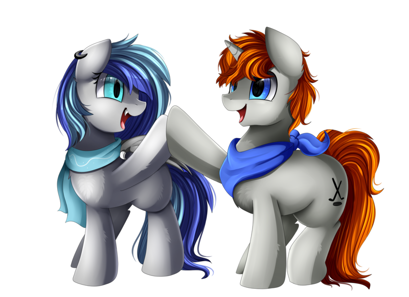 Size: 3509x2550 | Tagged: safe, artist:pridark, derpibooru import, oc, oc:disterious, unofficial characters only, bat pony, pony, unicorn, bandana, bat pony oc, blue eyes, clothes, cute, cutie mark, ear piercing, earring, female, hoofbump, jewelry, male, mare, orange mane, piercing, scarf, simple background, smiling, stallion, transparent background