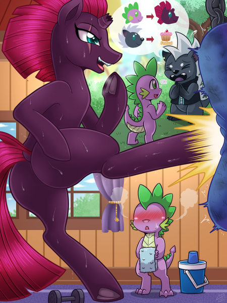 Size: 1000x1333 | Tagged: suggestive, alternate version, artist:vavacung, derpibooru import, grubber, spike, tempest shadow, dragon, pony, unicorn, comic:my life as a short dragon, my little pony: the movie, broken horn, comic, cupcake, dock, female, food, frog (hoof), kicking, male, mare, open mouth, pictogram, plot, punching bag, spikeshadow, sweat, tempass, underhoof, workout