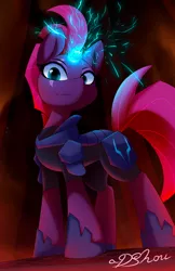 Size: 720x1112 | Tagged: safe, artist:dshou, derpibooru import, tempest shadow, pony, unicorn, my little pony: the movie, armor, broken horn, eye scar, female, glowing horn, horn, looking at you, looking down, mare, scar, smiling, solo, sparking horn