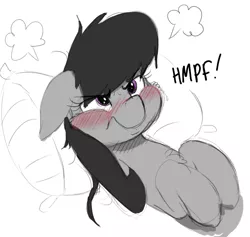 Size: 835x792 | Tagged: safe, artist:anearbyanimal, derpibooru import, octavia melody, earth pony, pony, angry, blushing, chest fluff, cute, embarrassed, female, floppy ears, frustrated, mare, messy mane, octavia is not amused, pillow, solo, tavibetes, unamused