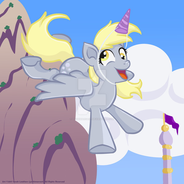 Size: 1024x1024 | Tagged: safe, artist:yoshimarsart, derpibooru import, derpy hooves, pony, my little pony: the movie, fake horn, hat, party hat, solo, watermark