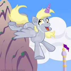 Size: 1024x1024 | Tagged: safe, artist:yoshimarsart, derpibooru import, derpy hooves, pony, my little pony: the movie, fake horn, hat, party hat, solo, watermark