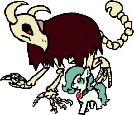 Size: 430x370 | Tagged: safe, artist:ficficponyfic, color edit, derpibooru import, edit, editor:minus, oc, oc:emerald jewel, oc:lady elegance, unofficial characters only, chimera pony, dragon, earth pony, pony, undead, colt quest, amulet, bone, child, claws, colored, colt, female, foal, hair over one eye, horns, male, monster, red eyes, simple background, skull, stinger, transparent background