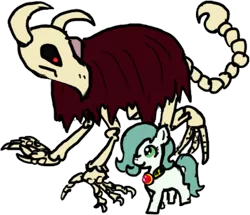 Size: 430x370 | Tagged: safe, artist:ficficponyfic, color edit, derpibooru import, edit, editor:minus, oc, oc:emerald jewel, oc:lady elegance, unofficial characters only, chimera pony, dragon, earth pony, pony, undead, colt quest, amulet, bone, child, claws, colored, colt, female, foal, hair over one eye, horns, male, monster, red eyes, simple background, skull, stinger, transparent background