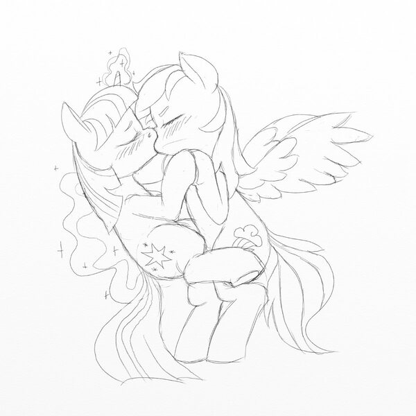 Size: 1200x1200 | Tagged: safe, artist:zed001, derpibooru import, rainbow dash, twilight sparkle, blushing, female, kissing, lesbian, monochrome, shipping, sketch, twidash