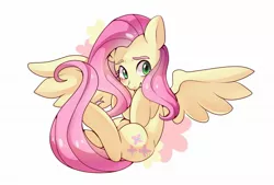 Size: 2039x1378 | Tagged: safe, artist:hosikawa, derpibooru import, fluttershy, pegasus, pony, blushing, cute, eyebrows, hooves to the chest, looking away, shy, shyabetes, simple background, solo, spread wings, white background, wings