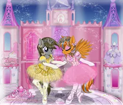 Size: 2820x2400 | Tagged: safe, artist:avchonline, derpibooru import, oc, oc:cold front, oc:disty, unofficial characters only, pegasus, pony, unicorn, ballerina, ballet shoes, ballet slippers, barbie, belle, bow, canterlot royal ballet academy, clothes, crossdressing, dancing, dollhouse, drawers, dress, eyeshadow, flower, gay, glitter, gloves, heart, jewelry, makeup, male, pantyhose, rainbows, shipping, skirt, stallion, table, tea set, tiara, tights, tutu, wardrobe