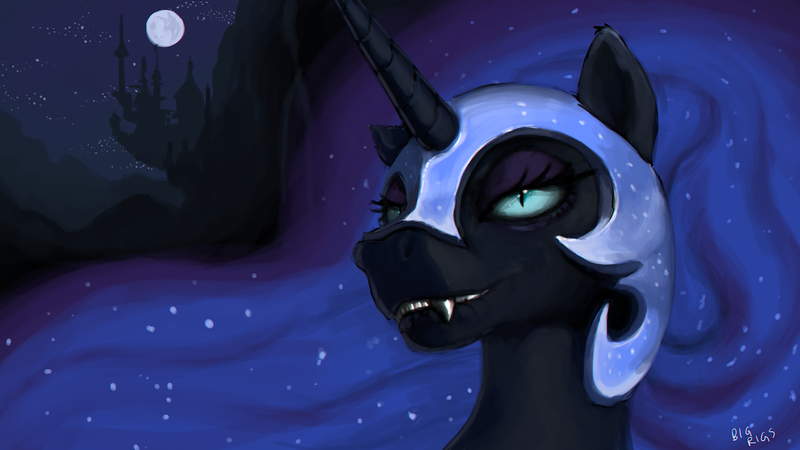 Size: 4310x2424 | Tagged: safe, alternate version, artist:bigrigs, derpibooru import, nightmare moon, bedroom eyes, canterlot, chromatic aberration, fangs, image, lip bite, moon, png, widescreen